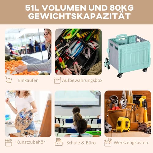HOMCOM Einkaufstrolley Klappbar, Einkaufswagen mit Verstellbarem Teleskop-Griff, Treppensteiger mit Deckel, Transportwagen bis 80 kg Tragbar, Grün – Bild 5