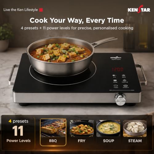 Image of Kenstar Infra LUMO 2000W Infrared Stove with 11 Power Levels, 4 Preset Modes, Toughened Glass Top and Timer Function Silver Black