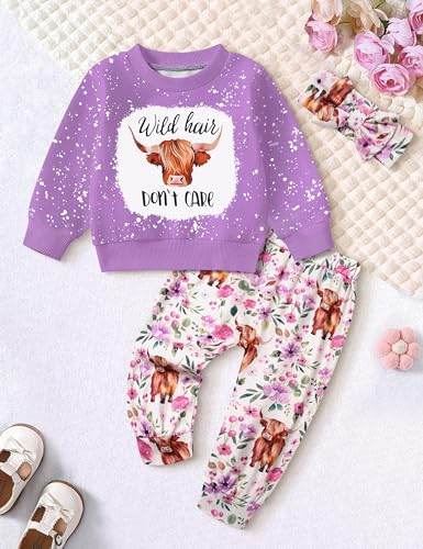 Image of Toddler Girl Clothes Fall Winter Outfits Wild Hair Don't Care Highland Cow Sweatshirt Pants Western Cowgirl Outfit