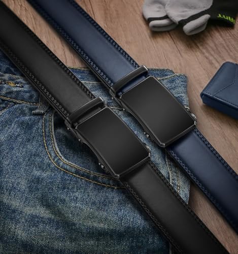Image of KEMISANT Men Belt 2 Pack, Leather Ratchet Belt Easy Click Slide For Men 1 3 /8 inch,Cut for Fit