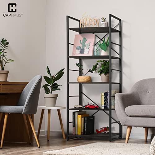 Image of CAPHAUS 5 Tier Bookshelf, 24 Inch Width Free Standing Shelf, Bookcase Shelf Storage Organizer, Industrial Book Shelves for Home Office, Living Room, Kitchen, Black Vintage Shelves & Metal Frame