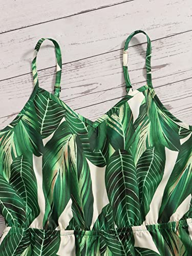 Shein Girl's Leaf Print Sleeveless Cami Rompers V Neck Wide Leg Jumpsuit Playsuits Green 11-12Y #TOP2