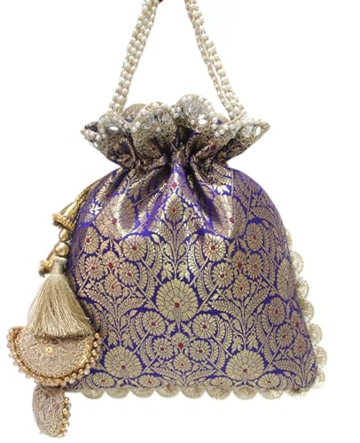Image of MILAN'S CREATION Pure Banarasi Potli Silk Brocade Bag Purse Drawstring Women's handbag with Pearl Handle & Tassel Weddings
