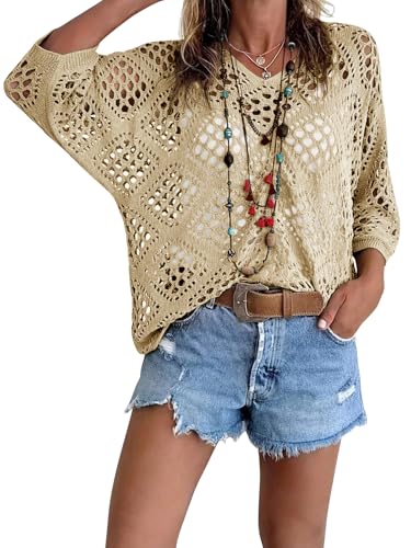Fisoew Womens Crochet Cover Up Tops Summer Short Sleeve Hollow Out Sweater Shirts Boho Beach Swimsuit Coverups Khaki