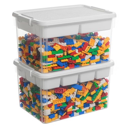 Image of ITYLIFE CITYLIFE 32 QT Stackable Toy Storage with Building Baseplate Lid and Removable Tray Tool Box Organizer Storage Bins with Lids for Organizing Lego, Bead, Tool, Sewing, 2 Packs
