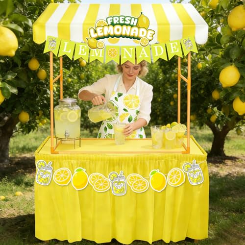Yudlto 8 Pcs Fresh Lemonade Stand Hut Decor Kit - Shelf Banner, Roof Pennant, Apron, Waterproof Tablecloth Skirt Set for Photo Props, Outdoor Lemon Themed Party Supplies (Table Not Included)