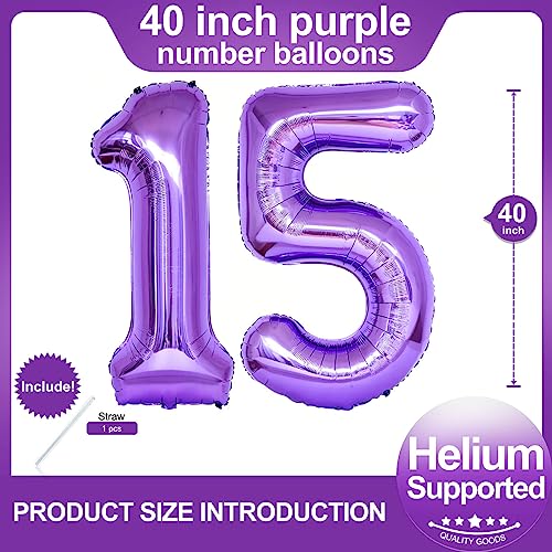 Image of Number 15 Purple Balloons 40 Inch Giant Purple 15 Number Foil Helium Balloons for 15th Purple Birthday Party Supplies 51st Anniversary Events Decorations