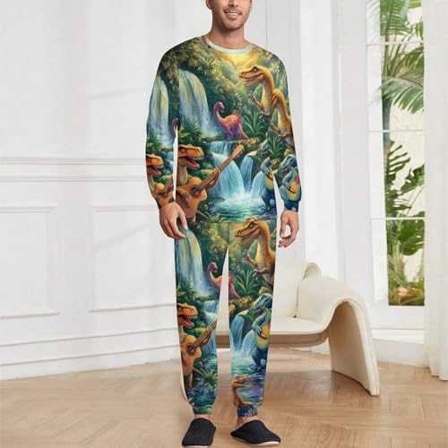 Funny Dinosaur Guitar Mens Pajamas Set Long Sleeve Sleepwear Pjs Set Shirts And Bottoms Sleep Sets Loungwear2
