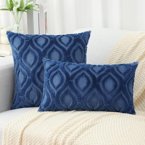 decorUhome Fall Throw Pillow Covers 16x16 Inch Set of 2, Soft Plush Decorative Faux Fur Dark Blue Solid Couch Pillow Covers, Accent Farmhouse Neutral Square Euro Pillow Cases for Sofa Bed Living Room