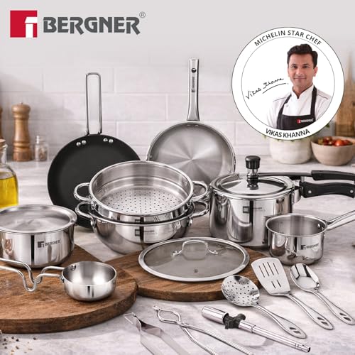 Image of Bergner 17 Pc Triply Cookware Gifting Set, Consumes Less Oil, Healthy Cooking, Complete Cooking Set, Even Heat Distribution, Gift Set for Marriage /Anniversary /Housewarming - Induction Bottom