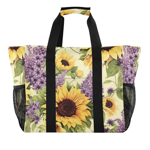 Nander Sunflowers and Lavender Foldable Tote Bag Waterproof Sandproof Women Beach Bag Handbag Gym Bag Travel Shopping Bag