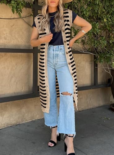 BLENCOT Women's V Neck Striped Fall Sweater Vest Causal Sleeveless Button Cardigan Midi Cover Up Tank Dresses3