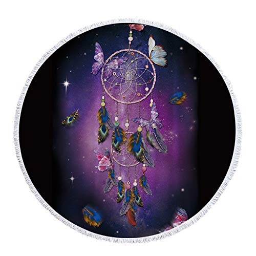 LeweLove Round Beach Towel Microfiber Sand Free Large Beach Blanket Water Absorbent Soft for Women Tassels Throws Circle Bath Towel Meditation Rug Tablecloth 60 inchï¼ŒGalaxy Dreamcatcher Butterfly