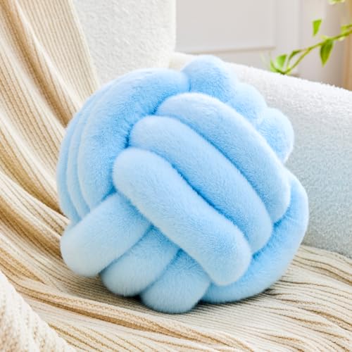 Image of Uvvyui Knot Pillow Ball Home Decorative Pillows Round Throw Pillow with Faux Rabbit Fur Handmade Knotted Plush Pillow Aesthetic Room Decor Round Boucle Pillow Cushion (Blue, 14 Inch)