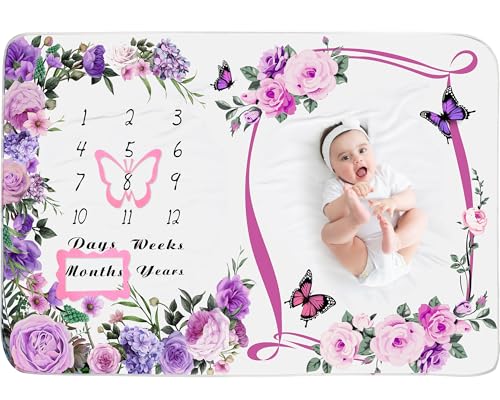 Image of Chumia Baby Monthly Milestone Blanket for Baby Girl 59"x39" Floral Photo Prop Age Milestone Blanket with 2 Felt Floral Wreath Frame(Purple,Flower)