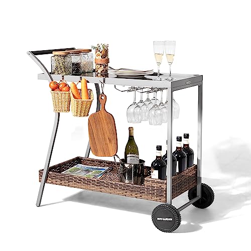 Nuu Garden 2-Tier Bar Cart Industrial Style Home Moveable Serving Cart With Glass Holders Wine Racks And Hooks, Rolling Beverage Cart On 2 Wheels For Living Room, Party, Bar, Gray #TOP5