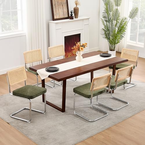 Image of Zesthouse Natural Rattan Dining Chairs Set of 2, Mid Century Modern Dining Chairs with Solid Wood Back & Chrome Base, for Kitchen Living Room, Breuer Design Inspired, Upholstered Linen Fabric, Green