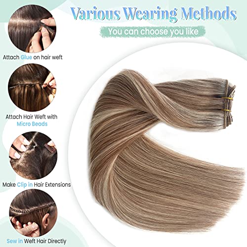 Image of Sew in Weft Hair Extensions Real Human Hair, Golden Brown and Blonde Mixed Weft Hair Extensions Human Hair, 12 Inch 80G Hand Tied Wefts Hair Extension Human Hair Bundles Sew in Extensions for Women