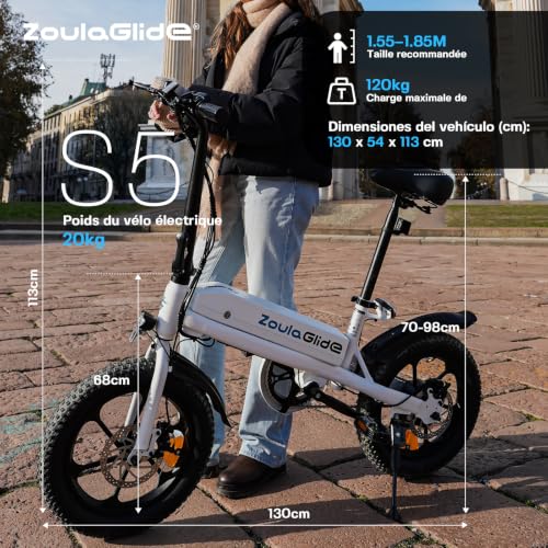 ZoulaGlide Vélo Électrique Pliable, Pneus 16x3.0, Batterie Amovible, Gris - 9