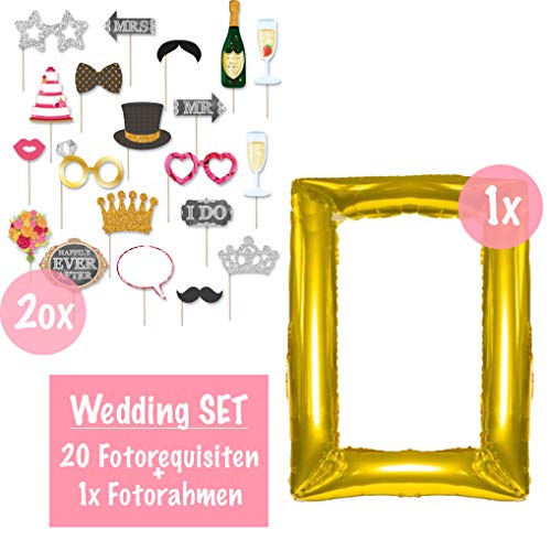 Aufblasbarer Fotorahmen XXL Gold inkl. 20 Requisiten | Selfie Rahmen 85 x 60 und Fotorequisiten Set Kit | Ideal für Fotoautomat (Hochzeit)
