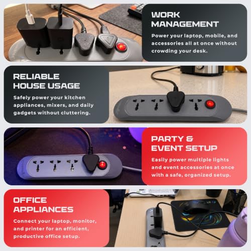 Image of Sonic 15 Foot 4-Socket Extension Board - 10A 240V with Wall Hanging | Heavy-Duty Thick Copper Cord Power Strip, Multi-Plug Extension Box & Spike Guard