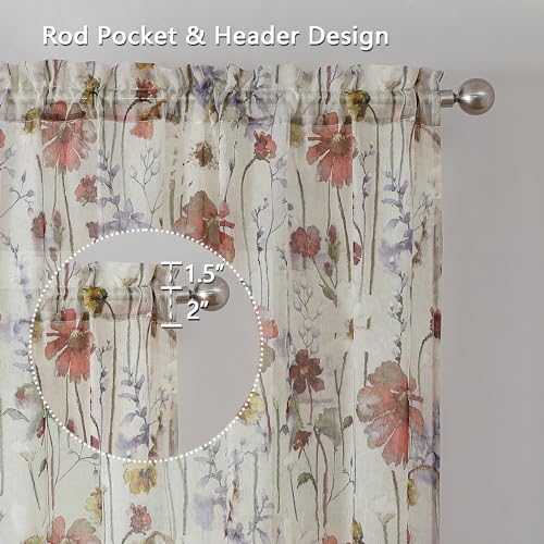 Image of OWENIE Crushed Sheer Curtains 84 Inch Length 2 Panels Set, Sheer Floral Curtains Printed Drapes on Sheers for Living Room, Rod Pocket Light Filtering Window Sheers (2 Panels, 42 inch x 84 inch) (Pack of 2)