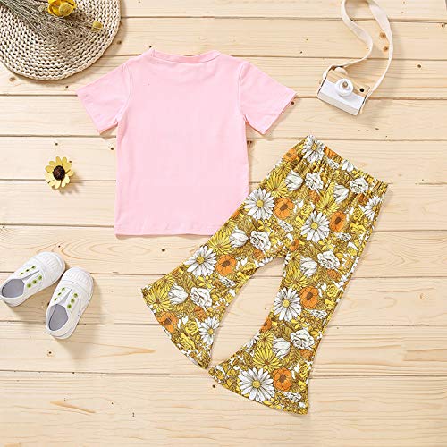 Toddler Girl Outfits Letter Short Sleeve T-Shirt Top Floral Bell Bottom Pants Girls Summer Clothes (Pink, 5-6 Years)