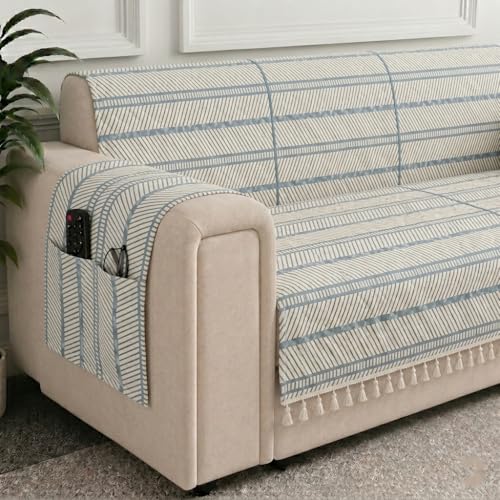 Image of STITCHNEST 'Frostvine Collection' 2 Seater Sofa Cover | Full Coverage with Armrest Pockets | Cotton Quilted Fabric, Decorative Tassels, Washable & Durable for Modern Living