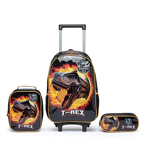 Kit Escolar Dino T-Rex Completo GUELPH Mochila de Carrinho+ Estojo+ Lancheira Marmiteira Resistente