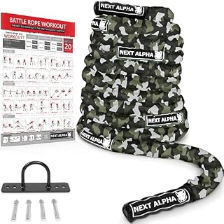 Next Alpha Battle Rope - 38mm/50mm, 9m/12m/15m - Protection Sleeve - Wall Anchor - Workout Instruction Poster