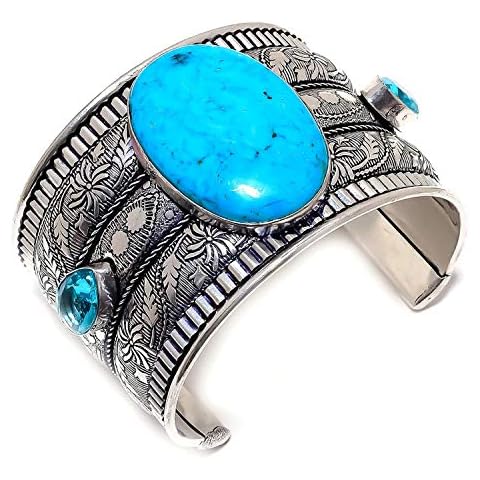 LARA GEMS STONES AND JEWELLERS Arizona Turquoise, Blue Topaz 925 Sterling Silver Cuff Bracelet Adst. OP-1962 Cover
