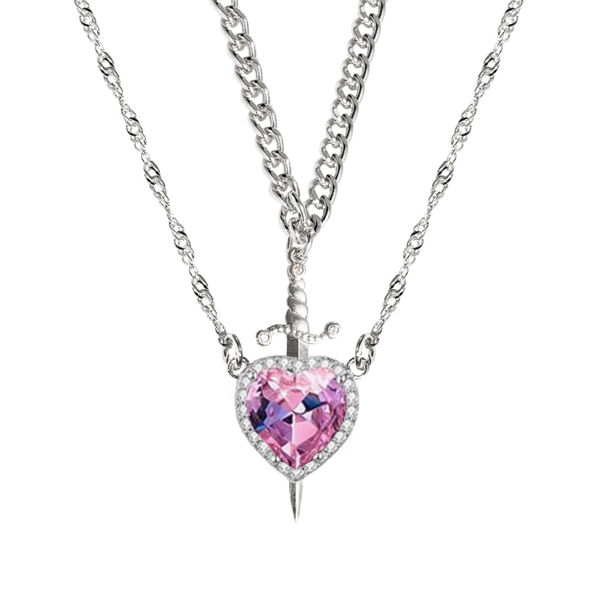 GulCean Heart Sword Necklace For Couples Stainless Steel Twist Water Wave Chain Cuban Chain Dainty Trendy Matching Sword And Heart Necklace Set