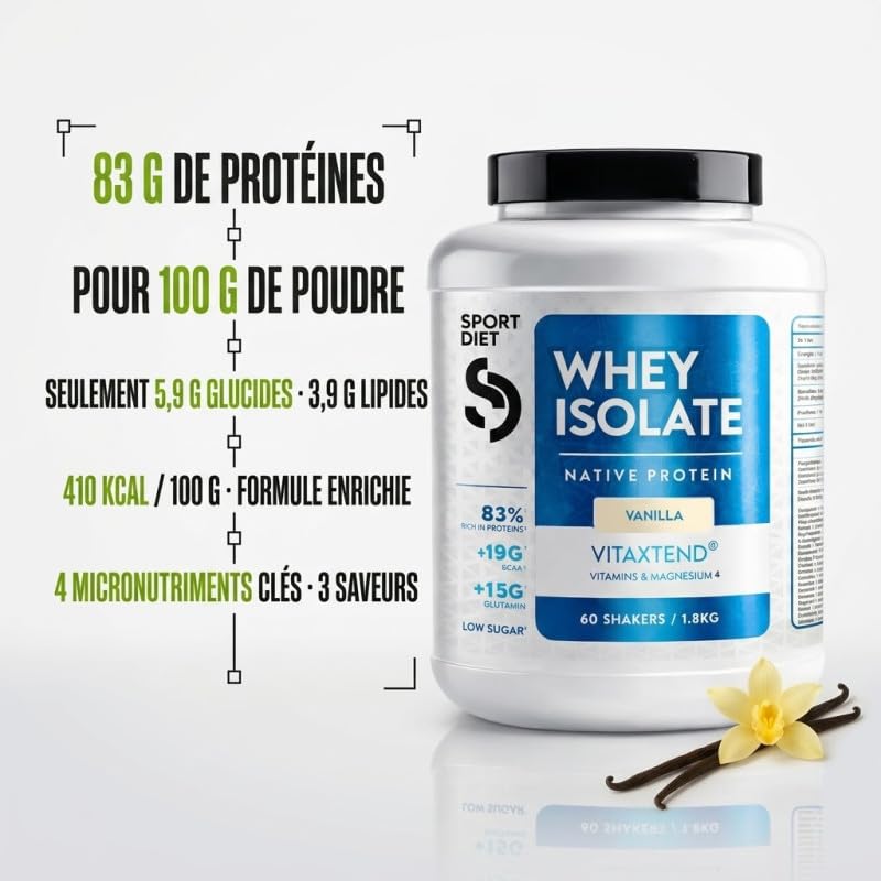WHEY ISOLATE VITAXTEND – Protéine de Lactosérum Ultra-Filtrée – 24,9g de Protéines, BCAA, Glutamine – Soutien Musculaire, Récupération – Vitamines B6, C, D3, E – Maintien Masse Musculaire – SportDiet