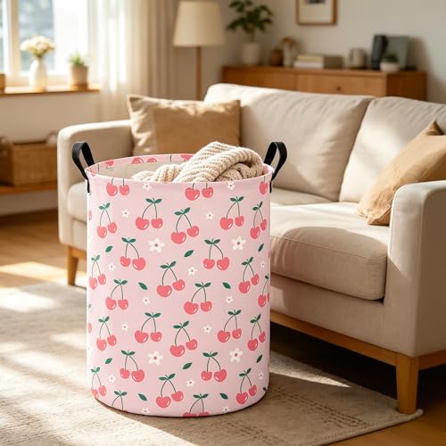 Image of Cherry Fabric Storage Bin Nursery Organizer Basket | Organizer Bin Dirty Clothes Collapsible Waterproof for College Dorms, Boys and Girls Bedroom,Bathroom