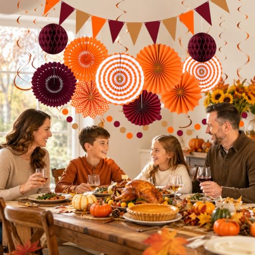 Image of 24 Pcs Fall Party Decorations, Burgundy Orange Paper Fans and Pom Poms Set