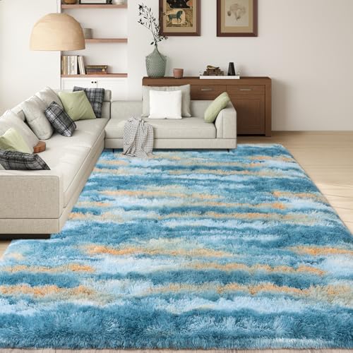 Ailyei Shag Rugs for Living Room 9x12, Ultra Soft Abstract Blue Yellow Big Fuzzy Rugs for Bedroom, 9 x 12 Fluffy Shaggy Plush Carpet Girls Kids Room Dorm Upgrade Non-Slip