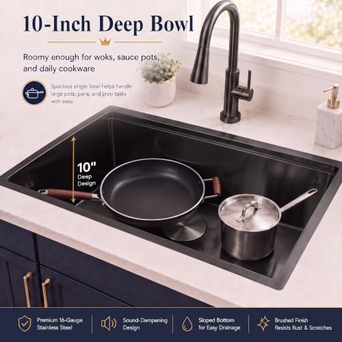 Image of LQS 28 Inch Black Undermount Kitchen Sink, Stainless Steel Workstation Sink