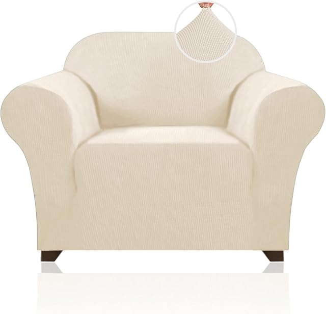 Stretch Chair Slipcovers Sofa Cover 1 Pieces Furniture Protector Rich Textured Lycra High Spandex Small Checks Knitted Jacquard Sofa Cover for Armchair (Chair-1 Seater, Natural)
