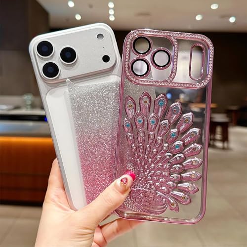 Image of mobistyle Designed for iPhone 17 Pro Max,3D Diamond Luxury Electroplate Glitter Peacock Tail Bling Design Camera Protection Shockproof Phone Case for (Pink, iPhone 17 Pro Max)