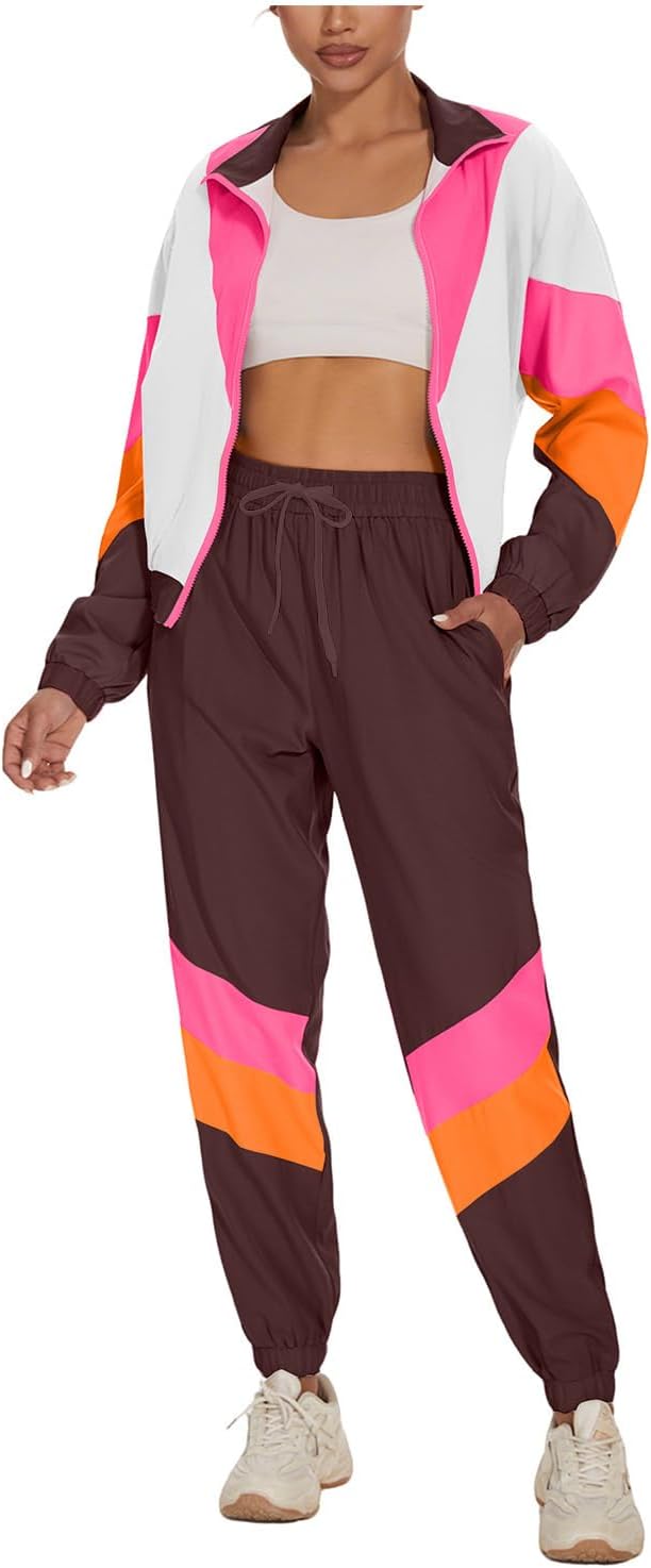 UOUA Women's Color Block 2 Piece 80s 90s Outfits Long Sleeve Windbreaker Jacket Tracksuit Set