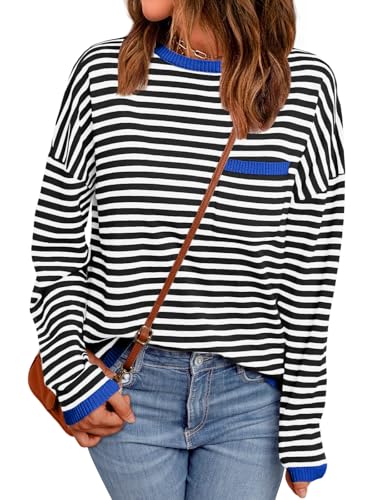 Image of LILLUSORY Womens Striped Soft Knit Pullover Sweater Loose Fit Shirts with Chest Pocket