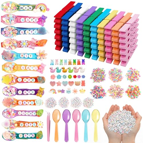 Fayoo 50 Pack DIY Cheer Pin Kit - 50 pcs Wooden Clothes Pins U ATE Beads Cheer Spoons and Charms for Pep Rally Cheerleader Gifts Team Spirit Gifts for Sports Volleyball (Bright Color)