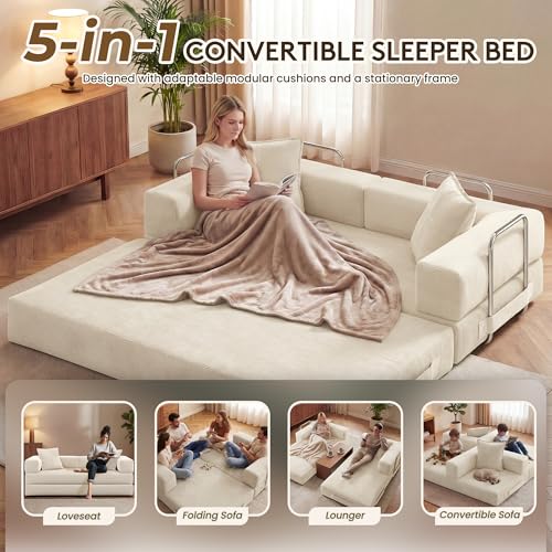 Image of GRUSIGN 78 Inch Convertible Sofa Bed, 5-in-1 Futon Sofa Bed Pull Out Couch, Boneless Couch Bed for Living Room, Corduroy Boneless Couches for Bedroom, Apartment, No Assembly Sleeper Sofa Bed, Beige
