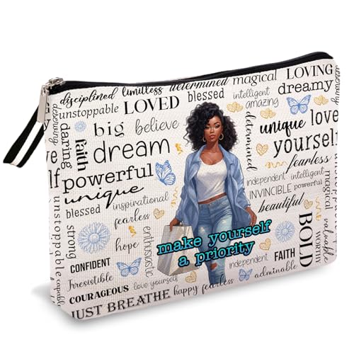 OUZ African American Makeup Bag, Black Women Cosmetic Bags Inspirational Gift, Funny Cosmetic Pouch Travel Bag for Women Sister Graduation Friendship Birthday Gifts- Make yourself a priority