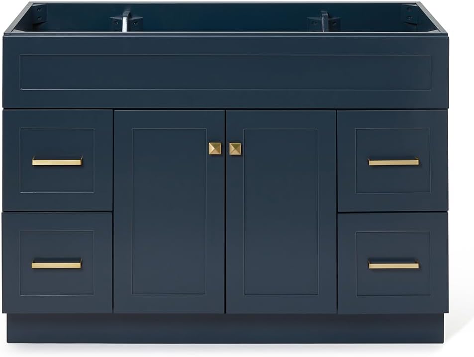 DKB Bradford 48-Inch Midnight Blue Bathroom Vanity Base Cabinet, Single Sink, Solid Wood Frame, 2 Soft Closing Doors, 4 Dovetail Drawers, Toe Kick, Brushed Nickel Hardware