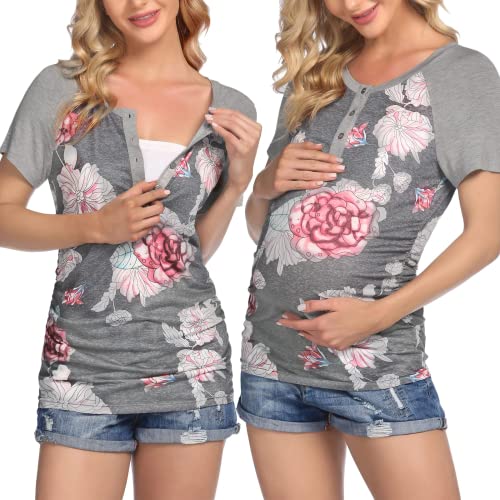 Ekouaer Women Maternity Short Sleeve Blouses Breastfeeding Shirt Nursing Tunic Tops Pregnancy Shirt (A-Floral S) #TOP13