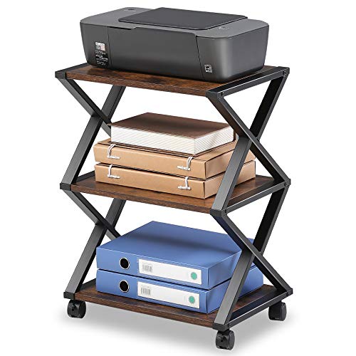 FITUEYES Soporte para Impresora con Ruedas X Estructura Metal Madera Matchwood 3 Estantes para Oficina Hogar Cocina Almacenamiento 59.5x45.5x30.3cm DO304501WG