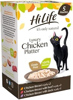 HiLife it's only natural - Wet Cat Food - The Luxury Chicken Platter in Jelly - Chicken Breast, Duck, Beef - 100% Natural Grain Free, 250g (Pack of 4)