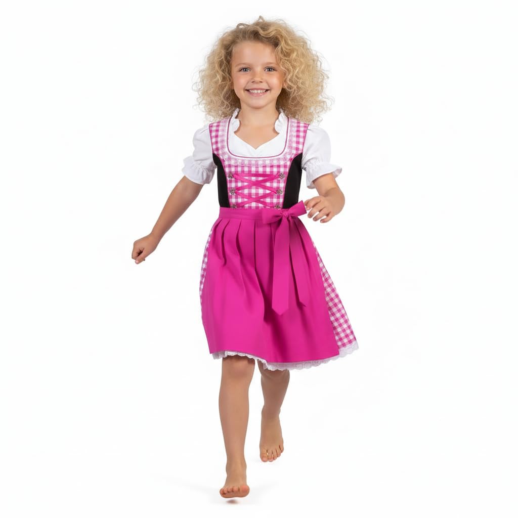 Mädchen Dirndl Set 3-teilig Klassisches Kinder Trachtenkleid mit Bluse & Schürze – Oktoberfest/Festlich – 92–152