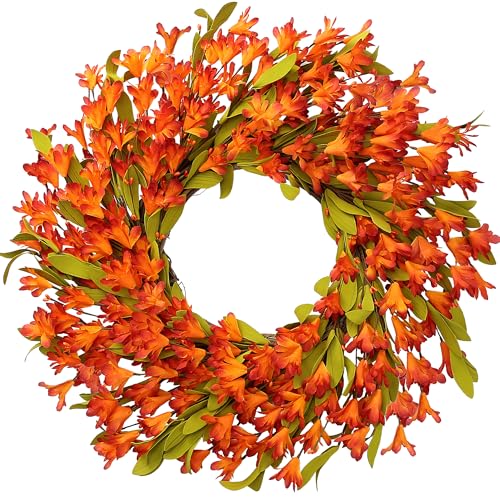 Sggvecsy Artificial Fall Wreath 22’’ Autumn Front Door Wreath with Forsythia Flowers Greenery Leaves Orange Berries for Outside Indoor Wall Window Festival Thanksgiving Fall Harvest Autumn Decor